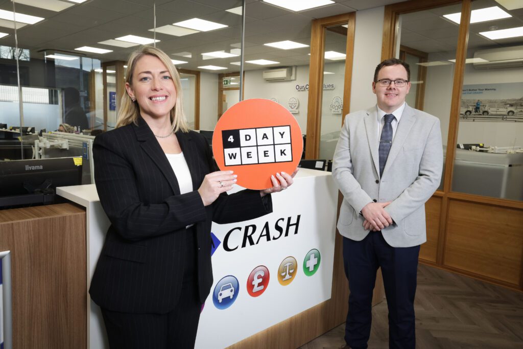 Michelle Murphy and Paul O’Hare of CRASH Services celebrating 6 years of the 4-day week.